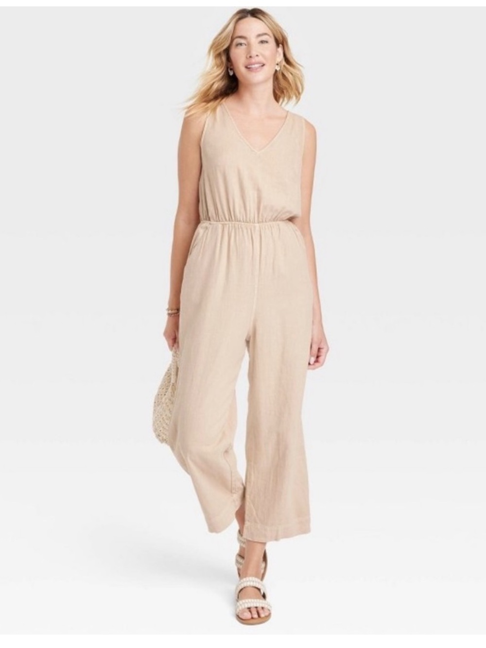 Linen Blend Sleeveless V-Neck Straight-Leg Jumpsuit in Beige Medium